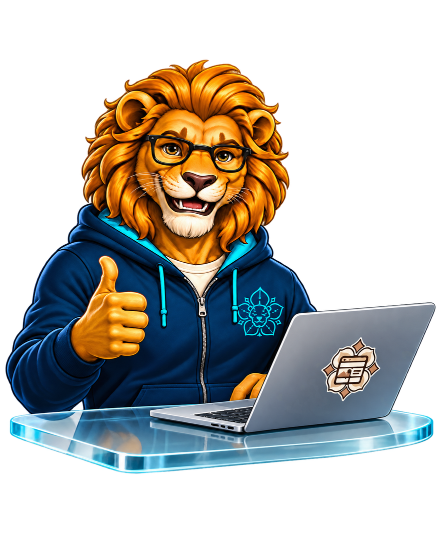 Magnus, a Weboldal Audit barátságos oroszlán szakértője laptopnál