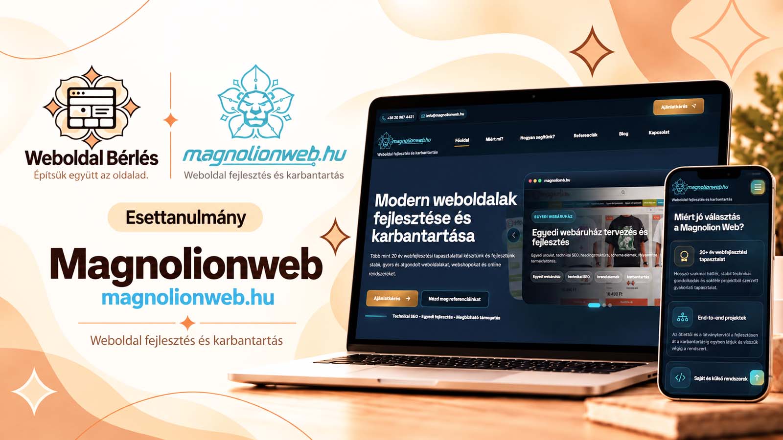 Magnolionweb referenciafókuszú webfejlesztési oldal a Weboldal Bérlés rendszerében