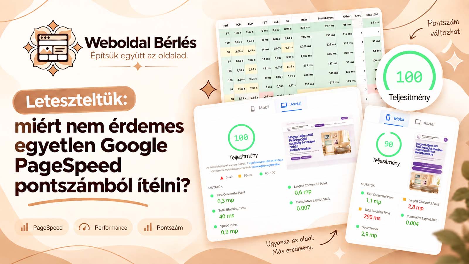PageSpeed Insights képernyőképek mobil és asztali nézetben