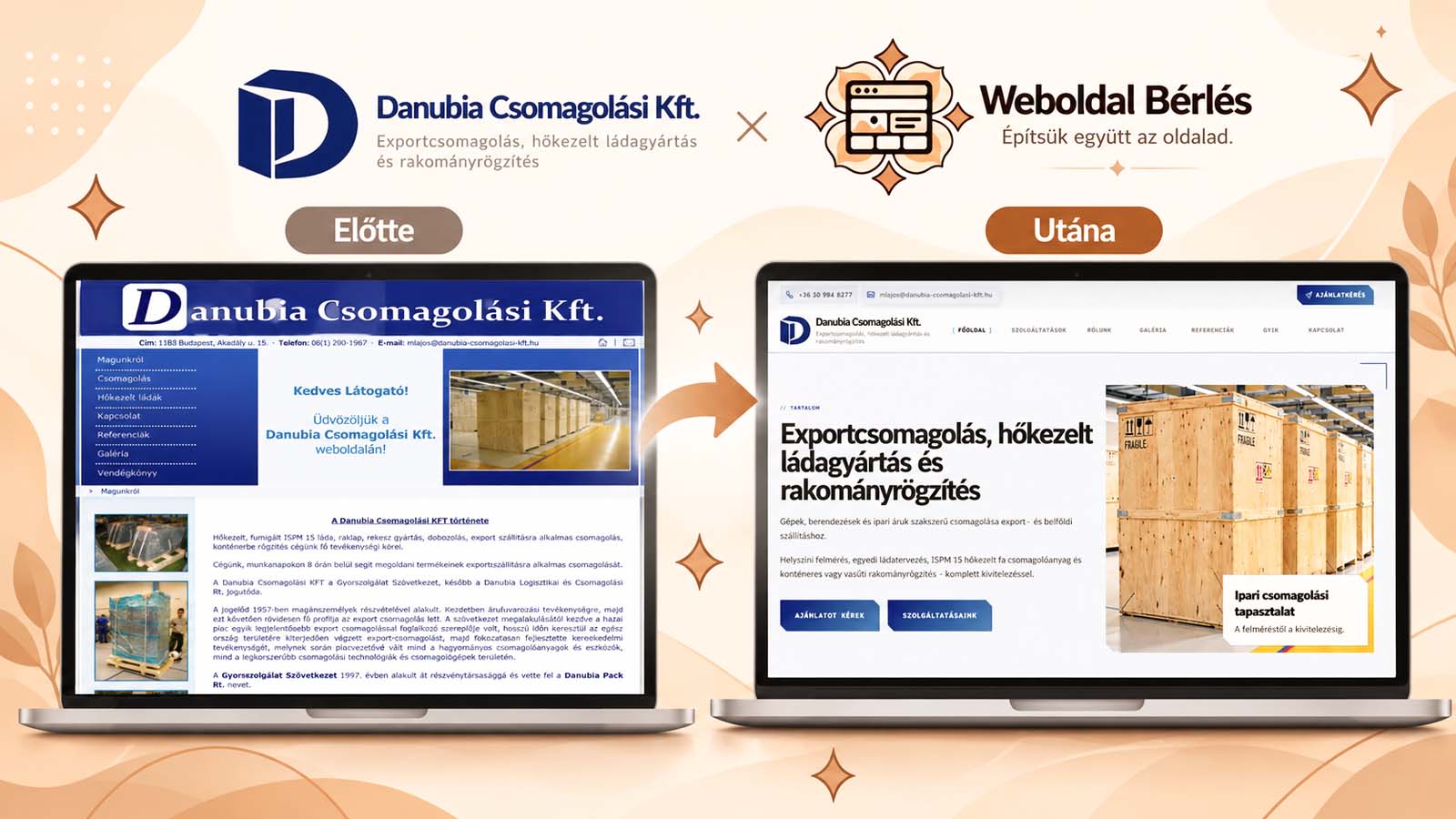 A Danubia Csomagolási Kft. korábbi és megújult weboldala egymás mellett.