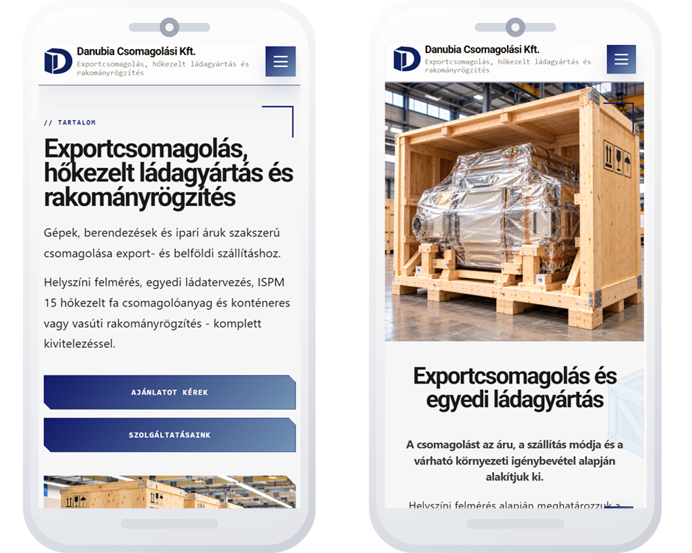 A Danubia megújult weboldala mobilon: nyitóképernyő, szolgáltatások és kapcsolatfelvétel.