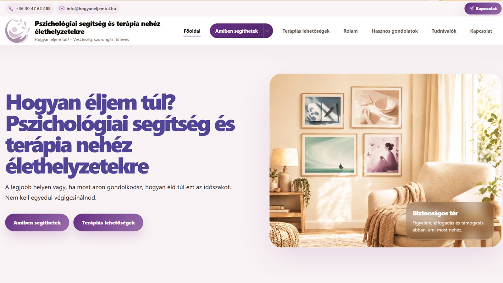 Hogyan éljem túl? weboldal letisztult nyitó szakasza és kapcsolatfelvételi gombjai
