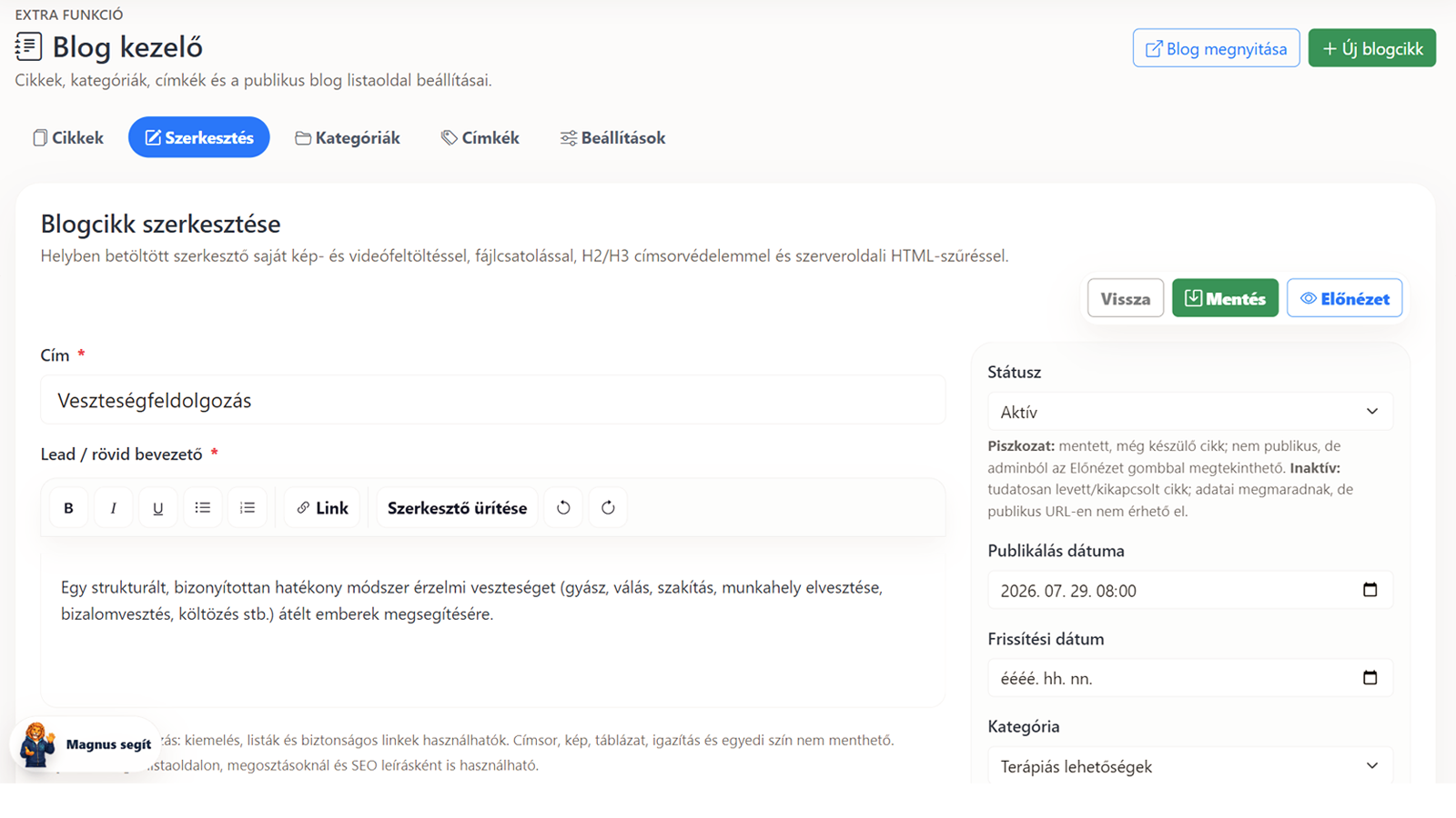 Weboldal Bérlés admin Blog-kezelő felület a Hogyan éljem túl? weboldalhoz
